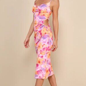 Vibrant Babe Pink Multi Floral Cutout Drawstring Midi Dress